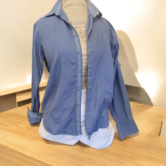 Franky Max cotton button down shirt. Baby blue with white stitching accent - Picture 9 of 16